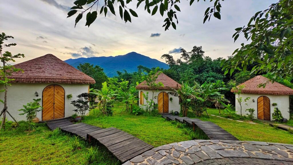 Văn bản thay thế: Lối đi gỗ dẫn đến ngôi nhà mái lá giữa rừng cây xanh mướt