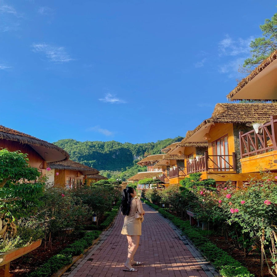 Lối đi rợp bóng cây tại khu nghỉ dưỡng với các mái nhà rơm nhân tạo