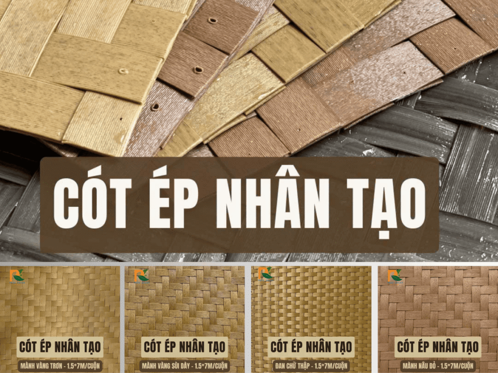Các mẫu cót ép nhân tạo cao cấp: vàng trơn, vàng sùi, chữ thập, nâu đỏ – mô phỏng tre truyền thống, chất liệu nhựa HDPE