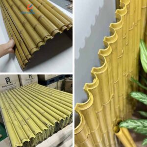 Cận cảnh ống tre nhân tạo được thiết kế mô phỏng y hệt tre thật với các đốt, mắt tre rõ nét. Bề mặt phủ lớp chống UV giúp giữ màu bền theo thời gian, không bạc màu khi sử dụng ngoài trời