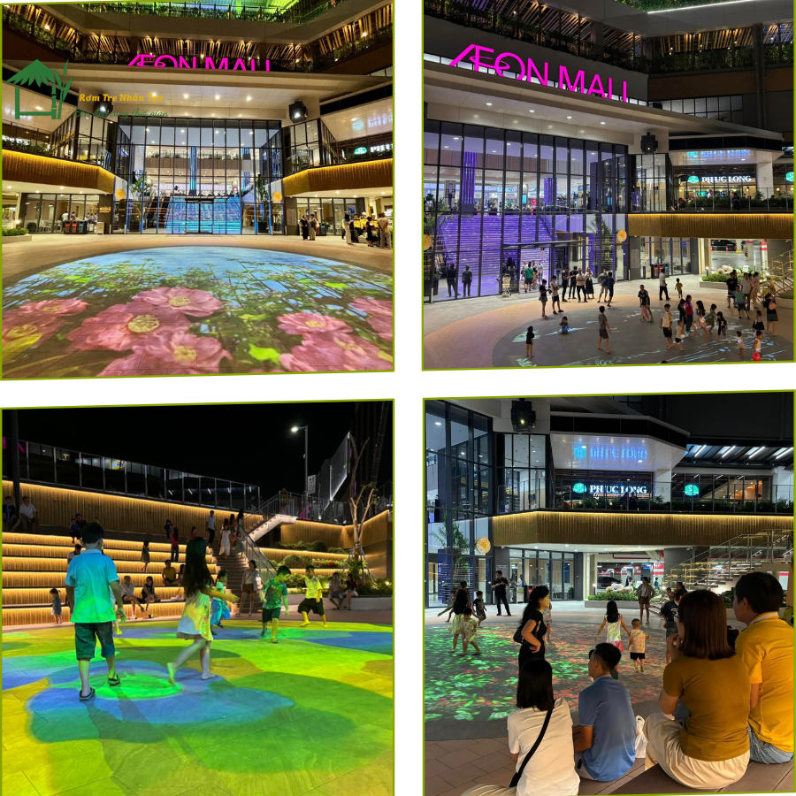 Không gian nội thất và sân chơi trẻ em trong Aeon Mall Huế, có sử dụng vật liệu tre nhân tạo.