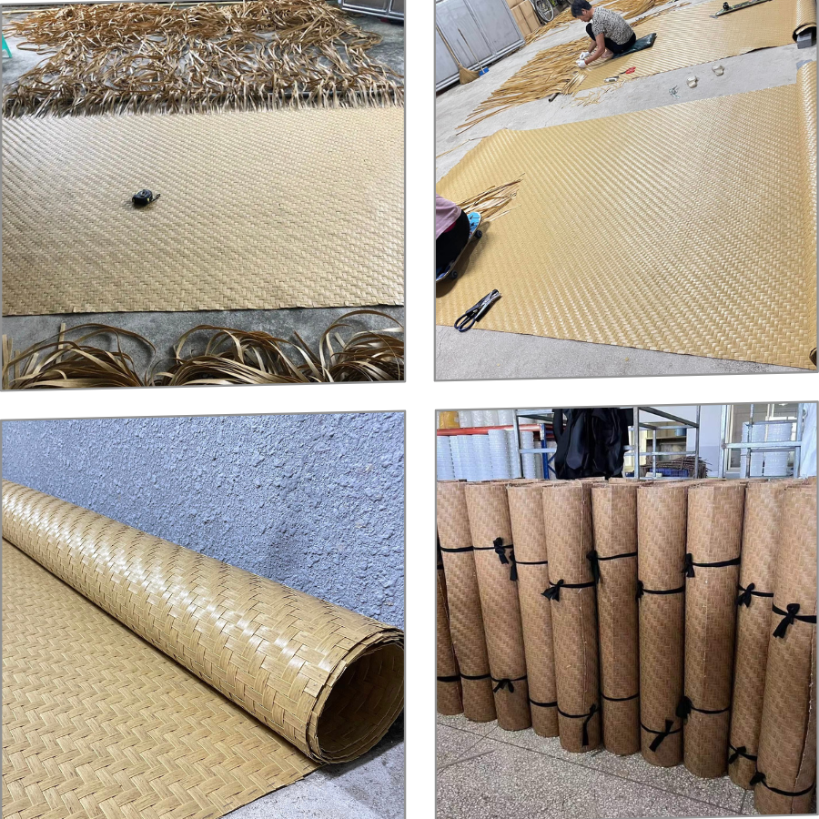 Hình ảnh cận cảnh cấu trúc bề mặt, cuộn nguyên liệu và quy trình sản xuất cót ép nhân tạo.
