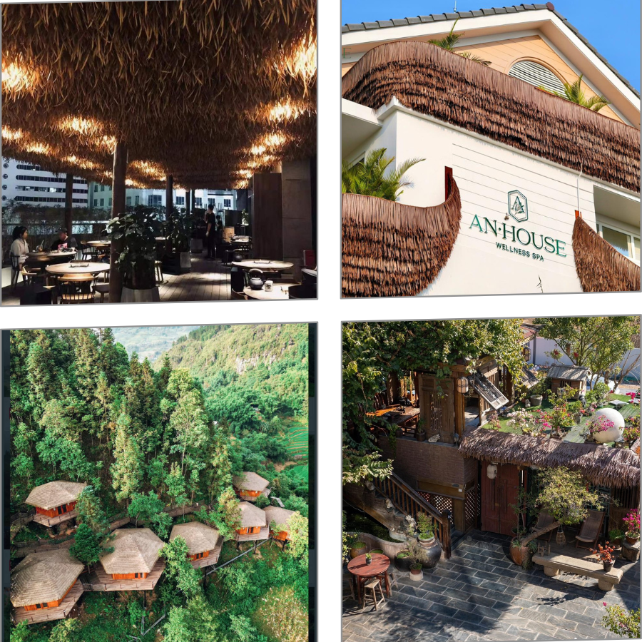 Không gian quán cà phê sử dụng mái lá nhân tạo cho trần và mái, tạo cảm giác gần gũi thiên nhiên.