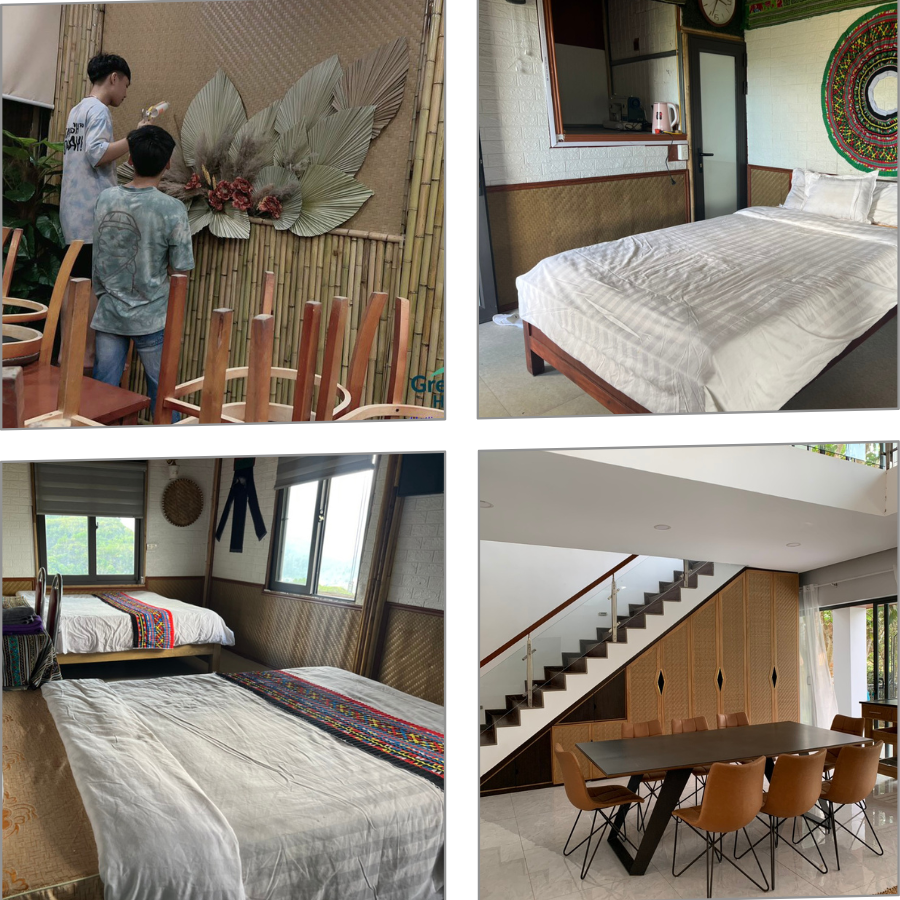 Thi công và ứng dụng cót ép nhân tạo làm trần nhà trong phòng ngủ và không gian nghỉ dưỡng mộc mạc, thân thiện môi trường.